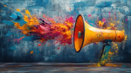 Dynamic megaphone erupting with vibrant splashes of colorful paint, symbolizing creativity, expression, and energy. A vivid representation of artistic chaos and bold communication.