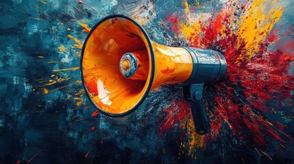 Dynamic megaphone erupting with vibrant splashes of colorful paint, symbolizing creativity, expression, and energy. A vivid representation of artistic chaos and bold communication.