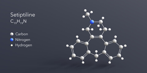 setiptiline molecule 3d rendering, flat molecular structure with chemical formula and atoms color coding