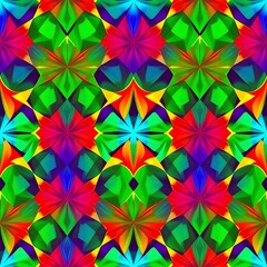 Vibrant Kaleidoscope: A mesmerizing seamless pattern of radiant jewel-toned flowers in a kaleidoscopic design. Perfect for textile, fashion, or vibrant digital designs. 