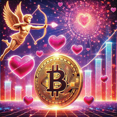 Celebrate Valentine's Day with Love and Technology! Bitcoin Sparks Heart, AI Cupid Shoots Arrow of Love, Cryptocurrency Growth Chart, The Perfect Mix of Romance, Wealth and Innovation