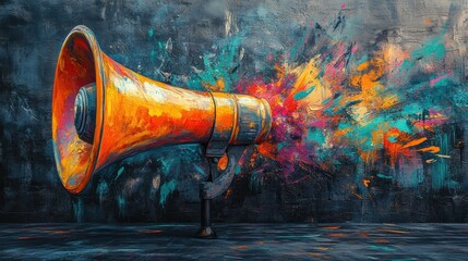 Dynamic megaphone erupting with vibrant splashes of colorful paint, symbolizing creativity, expression, and energy. A vivid representation of artistic chaos and bold communication.