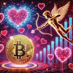 Celebrate Valentine's Day with Love and Technology! Bitcoin Sparks Heart, AI Cupid Shoots Arrow of Love, Cryptocurrency Growth Chart, The Perfect Mix of Romance, Wealth and Innovation