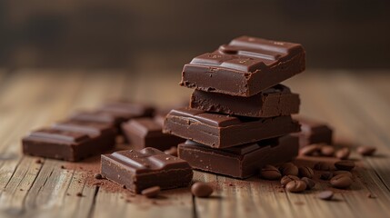 Stack of dark chocolate pieces on rustic wooden table.