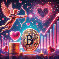 Celebrate Valentine's Day with Love and Technology! Bitcoin Sparks Heart, AI Cupid Shoots Arrow of Love, Cryptocurrency Growth Chart, The Perfect Mix of Romance, Wealth and Innovation