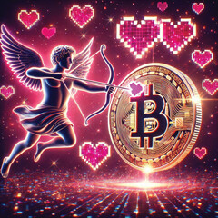 Celebrate Valentine's Day with Love and Technology! Bitcoin Sparks Heart, AI Cupid Shoots Arrow of Love, Cryptocurrency Growth Chart, The Perfect Mix of Romance, Wealth and Innovation