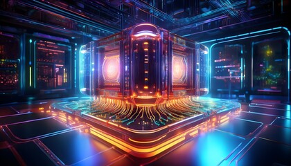 Futuristic Data Center Server Room with glowing digital core