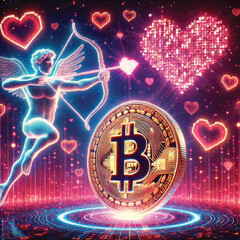 Celebrate Valentine's Day with Love and Technology! Bitcoin Sparks Heart, AI Cupid Shoots Arrow of Love, Cryptocurrency Growth Chart, The Perfect Mix of Romance, Wealth and Innovation