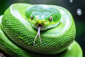 Obraz premium Close-up View of a Vibrant Green Snake Coiled with Intricate Scales and Displaying a Flickering Tongue Amidst a Soft, Blurred Background