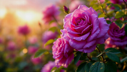Deep purple roses with clear water droplets on the smooth petals, nestled among vibrant green leaves, in a serene garden setting during early morning