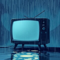 An Isekai anime-style illustration of a television in a wet rainy scene. The expressive composition conveys an ethereal, spiritual vibe with drizzling rain and reflective surfaces