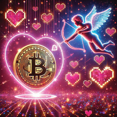 Celebrate Valentine's Day with Love and Technology! Bitcoin Sparks Heart, AI Cupid Shoots Arrow of Love, Cryptocurrency Growth Chart, The Perfect Mix of Romance, Wealth and Innovation