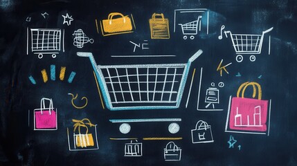 Chalk illustration of a contemporary digital advertisement featuring product visuals and pricing details, vibrant colors, engaging layout