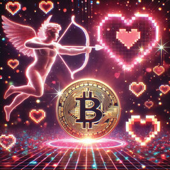 Celebrate Valentine's Day with Love and Technology! Bitcoin Sparks Heart, AI Cupid Shoots Arrow of Love, Cryptocurrency Growth Chart, The Perfect Mix of Romance, Wealth and Innovation
