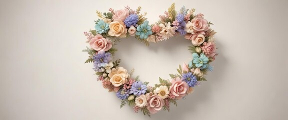 Pastel-colored heart-shaped wreath on a white or cream-colored background , wreaths, soft colors, valentine