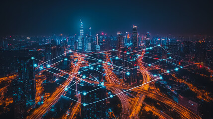 Obraz premium Smart digital city with connection cyber security network reciprocity over the cityscape . future smart wireless digital city and social media networking systems that connects people within the city