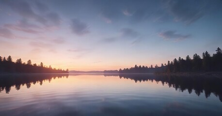 Fototapeta premium Soft pastel colors blending with darkening blue sky during sunrise on a peaceful lake background, serene, lake