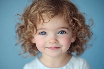 Naklejka premium Girl with beautiful curly blonde hair and bright blue eyes, smiling warmly. light blue background complements her lively curls and cheerful expression, creating soft and charming look.