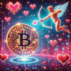 Celebrate Valentine's Day with Love and Technology! Bitcoin Sparks Heart, AI Cupid Shoots Arrow of Love, Cryptocurrency Growth Chart, The Perfect Mix of Romance, Wealth and Innovation