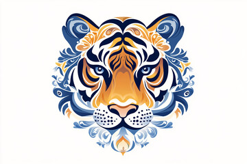 An artistic vibrant tiger head illustration featuring intricate floral patterns in blue orange and white tones
