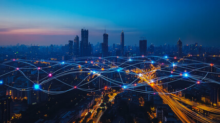 Obraz premium Smart digital city with connection cyber security network reciprocity over the cityscape . future smart wireless digital city and social media networking systems that connects people within the city
