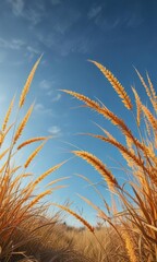 Vibrant orange and yellow grasses against a blue sky, sunny day, grass field