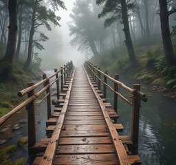 Fototapeta premium Wooden bridge crossing over a river in a misty forest, water, wooden