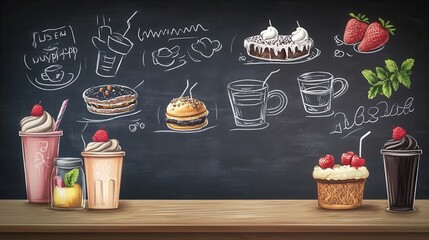 Chalkboard Cafe Menu Art, a stylish illustration featuring specials and whimsical doodles, perfect for trendy dining spaces