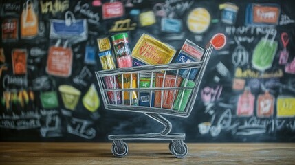 Chalk illustration of a lively shopping cart brimming with diverse online store items, vibrant colors, playful design, engaging visuals