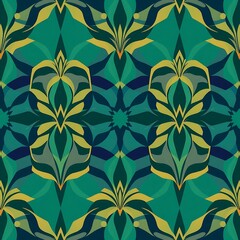 Seamless Geometric Pattern:  Abstract green, yellow and blue pattern with floral designs.  This geometric pattern offers a  unique and elegant touch to your designs.  Perfect for backgrounds.