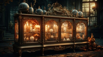 Obraz premium Antique Cabinet with Lit Candles in a Dark Room