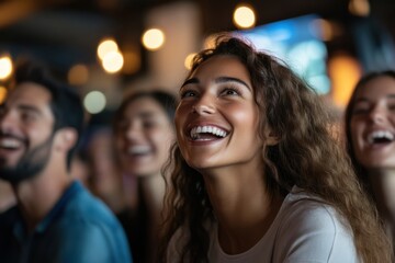 A cheerful audience engaged and enjoying a lively performance, featuring radiant smiles and an atmosphere of connection and happiness in a vibrant and dynamic setting.