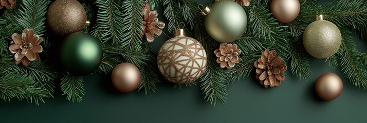 Stylish arrangement of green and gold ornaments surrounded by pinecones representing Christmas joy.