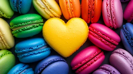  Colorful macarons arranged with a bright yellow heart-shaped macaron at the center, creating a vibrant and cheerful display. © Butsarakham