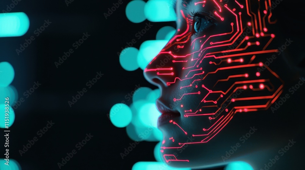 Poster a profile view of a person's face illuminated with red circuit patterns against a backdrop of glowin