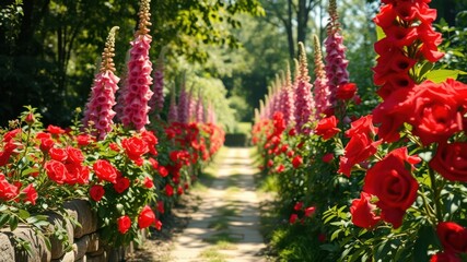 A pathway lined with rows of vibrant red roses and pink foxgloves, creating a picturesque and enchanting floral tunnel.