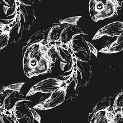Vector illustration of a seamless pattern featuring monochrome fish bones in a gothic style. Perfect for alternative designs, fabric prints, or digital backgrounds.