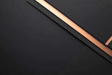 A sleek abstract composition with diagonal black and gold metallic layers forming a modern...