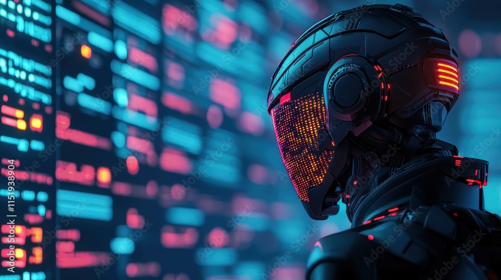 Poster a futuristic robot with a glowing visor stands against a backdrop of colorful digital data displays,