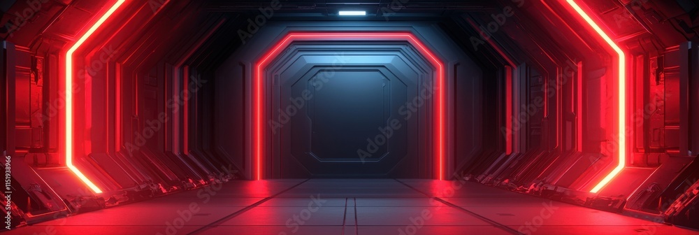 Poster a futuristic corridor with glowing red lights, creating a sci-fi atmosphere and emphasizing sleek de