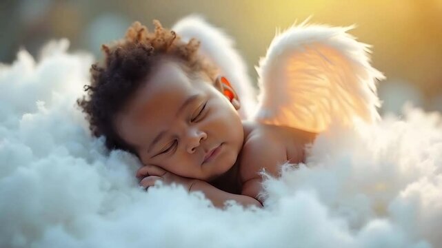 African American black cherub baby sleeping peacefully on a cloud