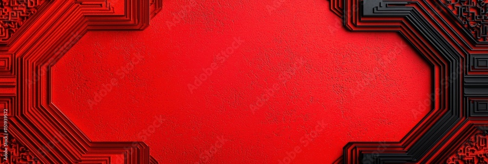 Poster a vivid red background framed with intricate black patterns, creating a striking visual contrast.