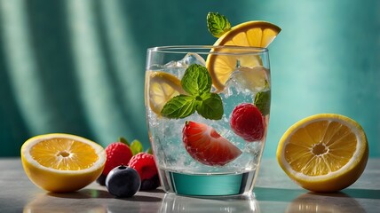 Fototapeta premium A glass of sparkling water infused with fresh fruit slices and mint, placed on a glass table with a refreshing vibe. 