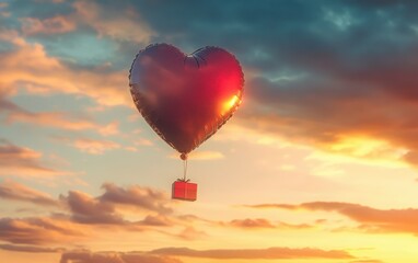 Fototapeta premium A 3D heart-shaped balloon floating gracefully in the sky, carrying a small gift box below. The scene is bathed in the soft, golden hues of a sunset