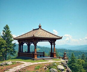 Fototapeta premium A beautifully crafted wooden gazebo with intricate carvings and a sloping roof on a hilltop overlooking the forest, sloping roof, hilltop, wooden gazebo