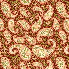 Traditional Folk Style Allover Paisley Pattern on Dark Brown Bakground