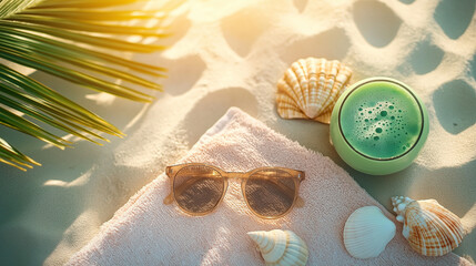 Fresh green smoothie and sunglasses with seashells on a sandy beach towel