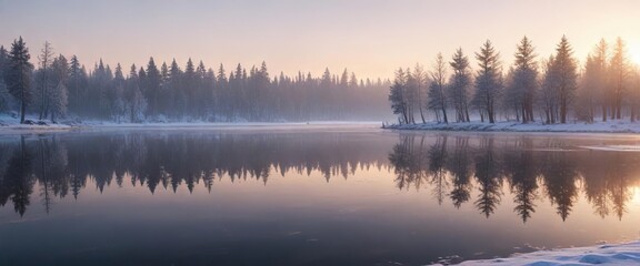 Fototapeta premium Frosty dawn on a serene frozen lake with bare trees and snow-covered forest, snowy scene, icy landscape, winter forest
