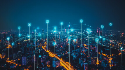 Obraz premium Smart digital city with connection cyber security network reciprocity over the cityscape . future smart wireless digital city and social media networking systems that connects people within the city