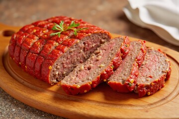 Obraz premium Sliced meatloaf on wooden cutting board garnished with fresh herbs copy space